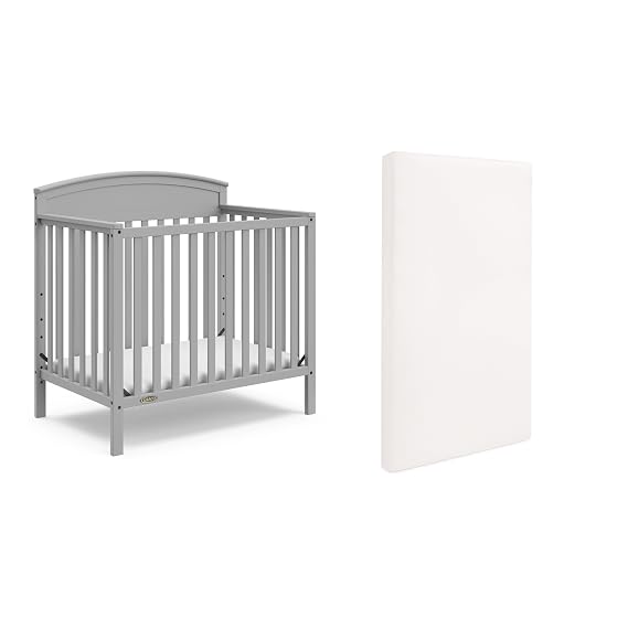 Graco Benton 4-in-1 Convertible Mini Crib with Crib Mattress, Pebble Gray