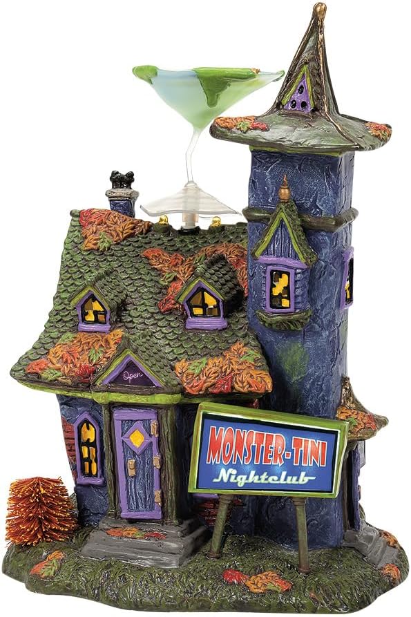Department 56 Snow Village Halloween Collection Monstertinis Nightclub Lit Building- Hand Crafted Painted Ceramic Halloween Village Houses with Lights Spooky Monster Home Decor Buildings, 10.5 Inch