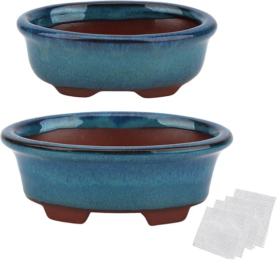 Bonsai Planter Succulent Small Glazed Pots, Value Pack of 2 + 4 Soft Mesh Drainage Screens