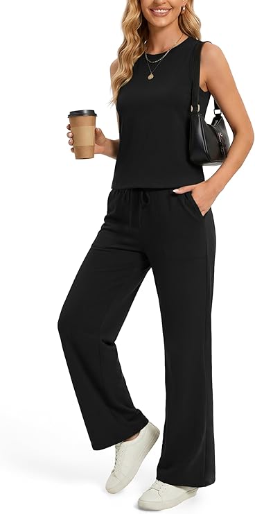 AFINTE Two Piece Sets for Women Summer Outfits, Lounge Sets, Sleeveless Crop Tops Wide Leg Pants Vacation Travel Clothes