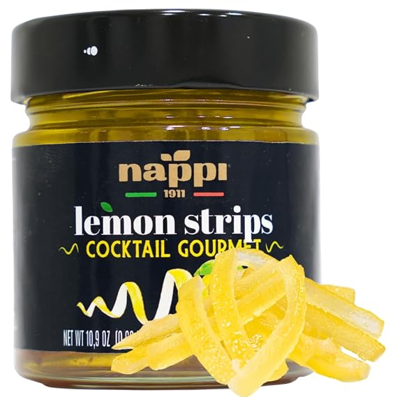 Nappi 1911, Lemon Twist, Candied Lemon Peel Strips in Syrup, 10.9 oz, Popular Cocktail Garnish for Margarita, Martini, Negroni, Lemon Drop, Old Fashioned Drinks, Mocktails, Lemon Peel for Baking, Mocktails,