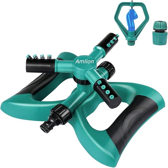 Amlion Garden Sprinkler,3 Nozzles Lawn Sprinklers, 360Automatic Rotating Water Sprinkler System, Green and Black, 22x22x12 cm (Green Black)