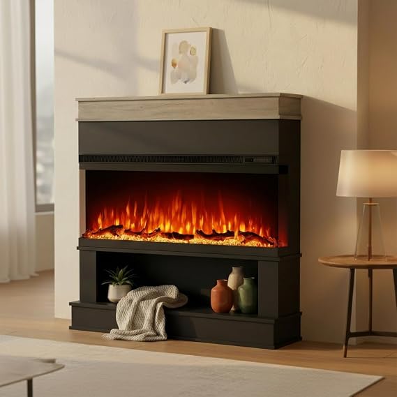 42" Electric Fireplace with Mantel, 40" 3-Sided Open View Electric Fireplaces with Open Storage, Low Noise Heat, Remote & Touch Control, Timer, Adjustable Flame Color & Brightness, Black