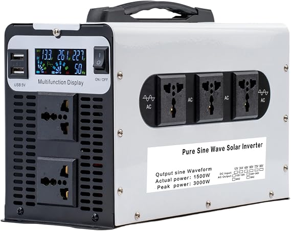 1500 Watts Pure Sine Wave Power Inverter, 12V 24V 48V 60V 72V DC to 110V/120V 230V/240V AC Converter, Peak 3000W Outlets, for Home Appliances, RV Camping, Off-Grid Solar,60V to 110V