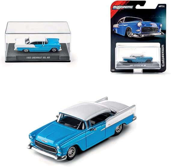 Majorette Collection 1955 Chevrolet Bel Air, Blue and White Metal Car, 1:64 Scale, Rubber Wheels, Clear Headlights, Screw Display, Collector's Special, 14 Years (8505001001)