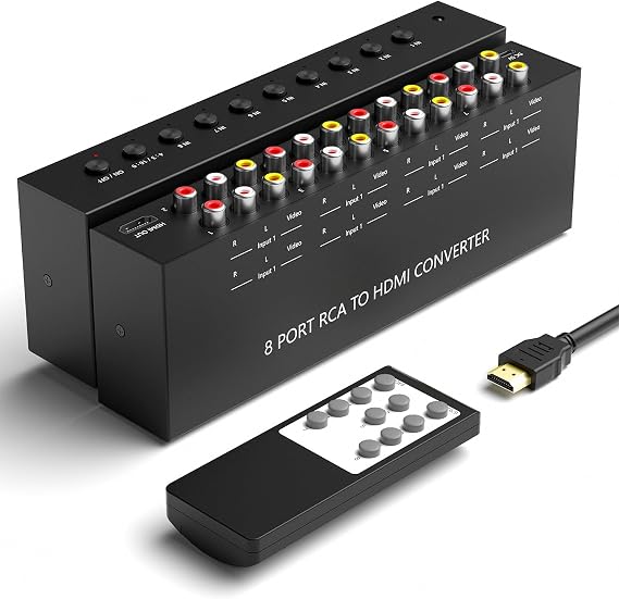 8 AV to HDMI Converter, 1080P/720P 8 Way RCA Composite CVBS AV Switch to HDMI Converter Adapter Support 4:3/16:9 Switch for Sega Xbox PS1 PS2 PS3 N64 NGC SNES WII VHS VCR Camera DVD