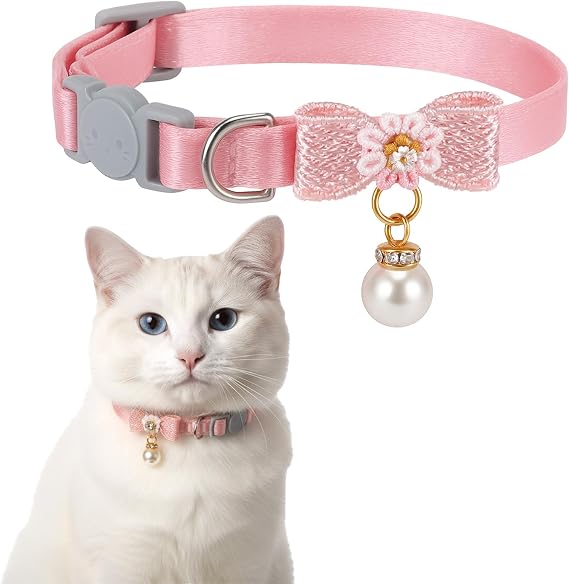 Cat Collar Breakaway, Adjustable Pink Cat Collar with Pearl Pendant