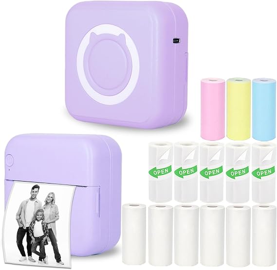 Mini Thermal Inkless Sticker Printer with 14 Rolls Paper, Compatible with iPhone/Android Phone/Tablet, Mini Pocket Printer for Photos/Stickers/Labels/Notes, Purple