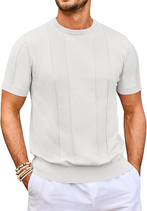 Beotyshow Men's T- Shirts Short Sleeve Knit Sweater Shirt Casual Crewneck Textured Pullover Tees White