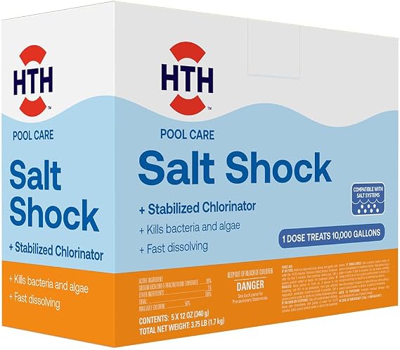 HTH 52047, Swimming Pool Care Salt Shock, 5x12oz Packets | Stabilized Chlorinator; 1 dose Treats 10000 gallons; Concentrated Formula to Remove Contaminants