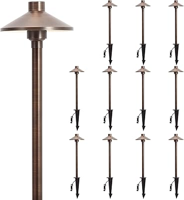 Gardencoin Solid Brass Low Voltage Pathway Lights 6.7 Shade, 21.9 Tall, 12V ACDC Heavy Duty LED Landscape Path Lights Outdoor Wired, Antique Bronze Walkway Lights with Larger Stake, 12-Pack