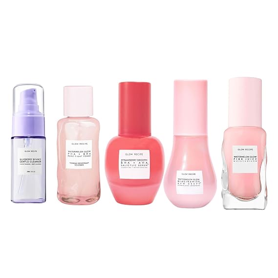 Glow Recipe Clear Skin Essentials - Blueberry Cleanser (30ml) + Watermelon BHA+PHA Toner (40ml) + Strawberry Salicylic Serum (30ml) + Dew Drops (15ml) + Pink Juice Moisturizer (25ml)