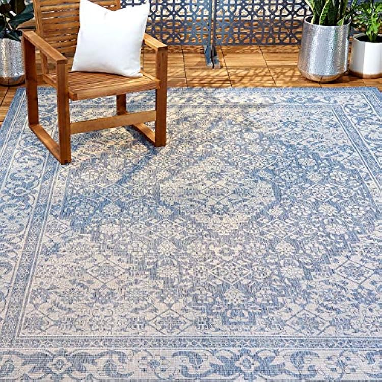 Nicole Miller New York Patio Country Dahlia Transitional Medallion IndoorOutdoor Area Rug, BlueGrey, 52x72