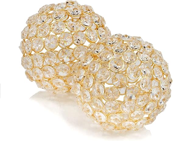 Modern Day Accents 3778 Facetas 4" Gold Cristal Spheres - Set of 2, Home Decor, Room Coffee Table Decorative Balls, Gem Sphere Ball, Bowl fillers, Gemstone