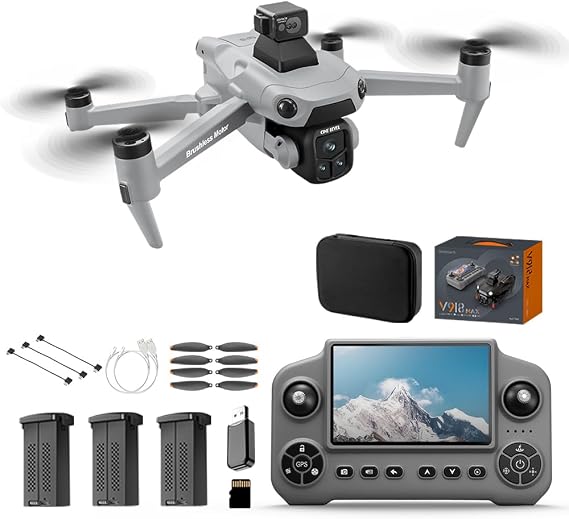 V918 GPS Drones with Camera for Adults 8K, 5 inch Screen, 90 Mins Flight Time, 3KM Long Control Range, 360 Obstacle Avoidance for Indoor, Headless Mode, GPS Auto Return, Circle Fly and Follow Me, Lightweight and Foldable RC Quadcopter for Beginner Gifts Toy, Under 249g
