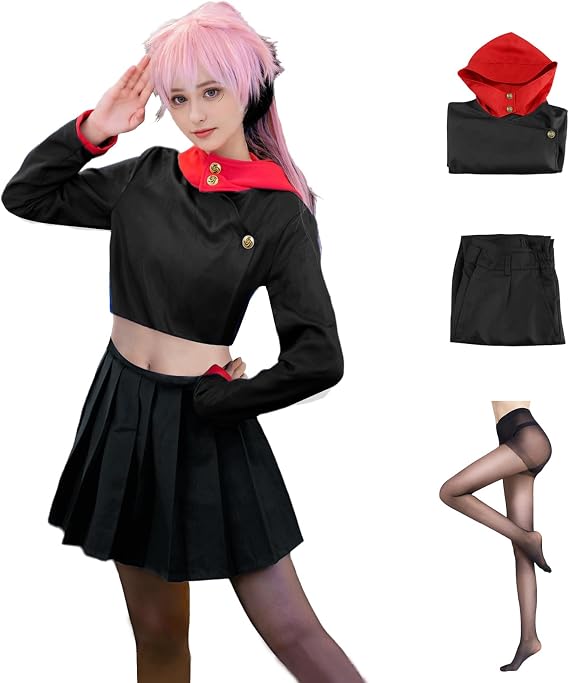 Women Anime JJK Jujutsu Itadori Yujii Cosplay Costume Japanese School Uniform Jacket Pleated Skirt Outfit with Stockings (L-YUJII BLACK), Large