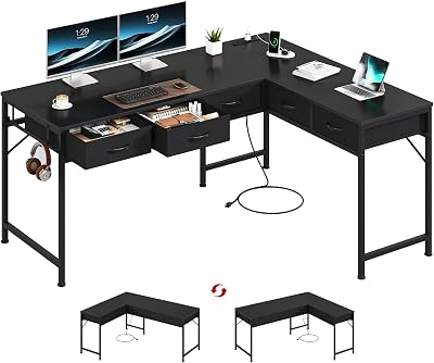 58 Inch L Shaped Computer Desk with Drawers, Reversible Corner Desk with Storage and Power Outlets, Home Office Desks with Hooks for Gaming Work Study, Black