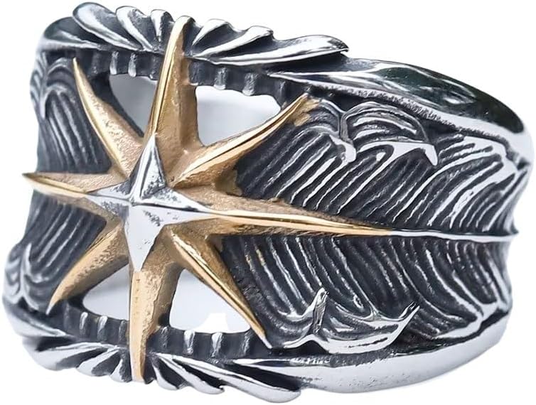 Men's Octagram Feather Ring Stainless Steel Punk Rock Rap for Biker Boyfriend Jewelry, silver gold