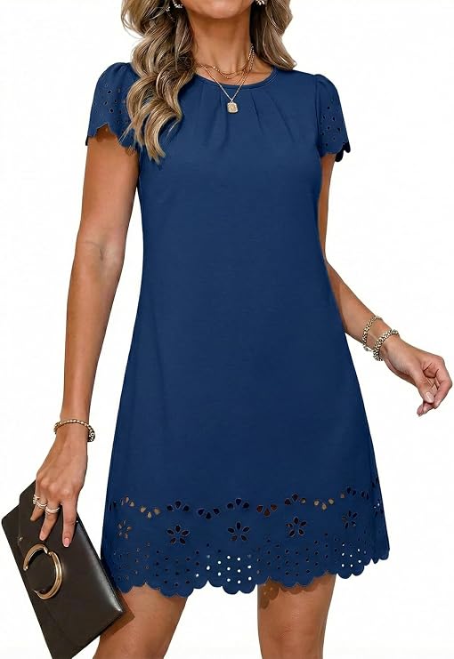 Dokotoo Womens Summer Dresses 2026 Short Sleeve Hollow Out Crewneck Pleated Front Casual Elegant Mini Dress