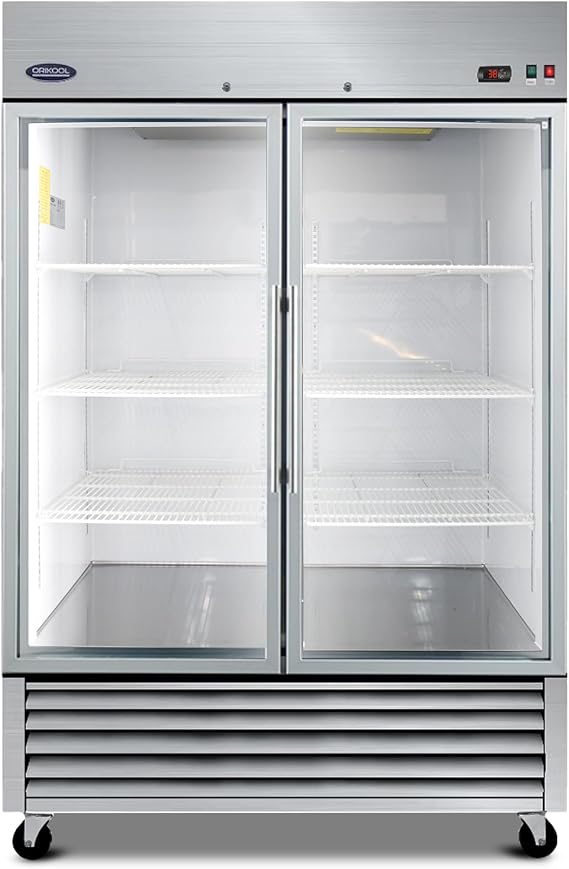 54" W Commercial Glass-Door Reach-In Refrigerator - Tempered Glass Double Door Fridge, 46 Cu.ft Capacity, 6 Adjustable Shelves, Auto Defrost, Digital thermostat control, LED Lighting