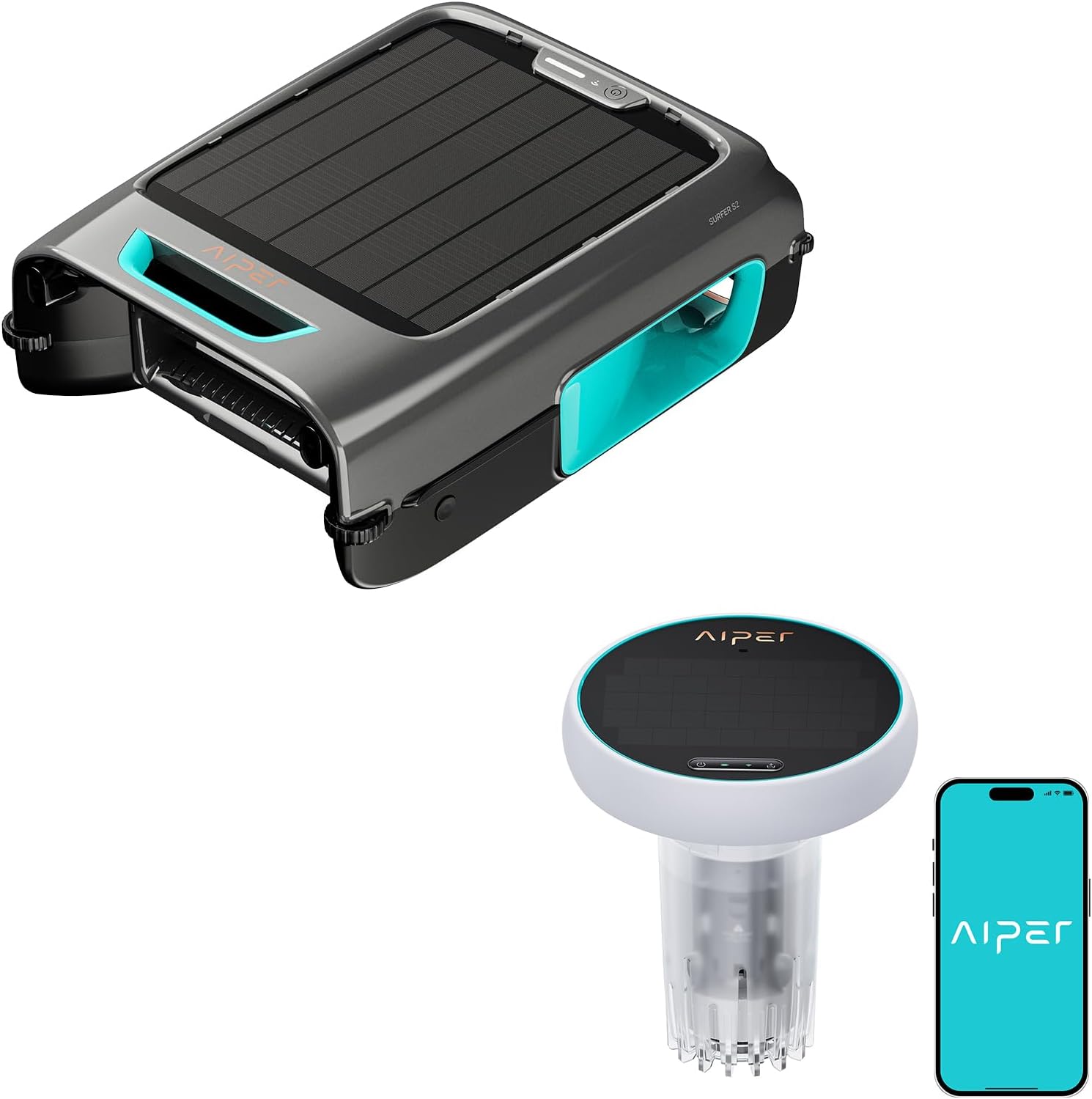 AIPER Surfer S2 Solar Pool Skimmer with HydroComm Smart Pool Monitor, 247 Cleaning, Dual Charging Modes