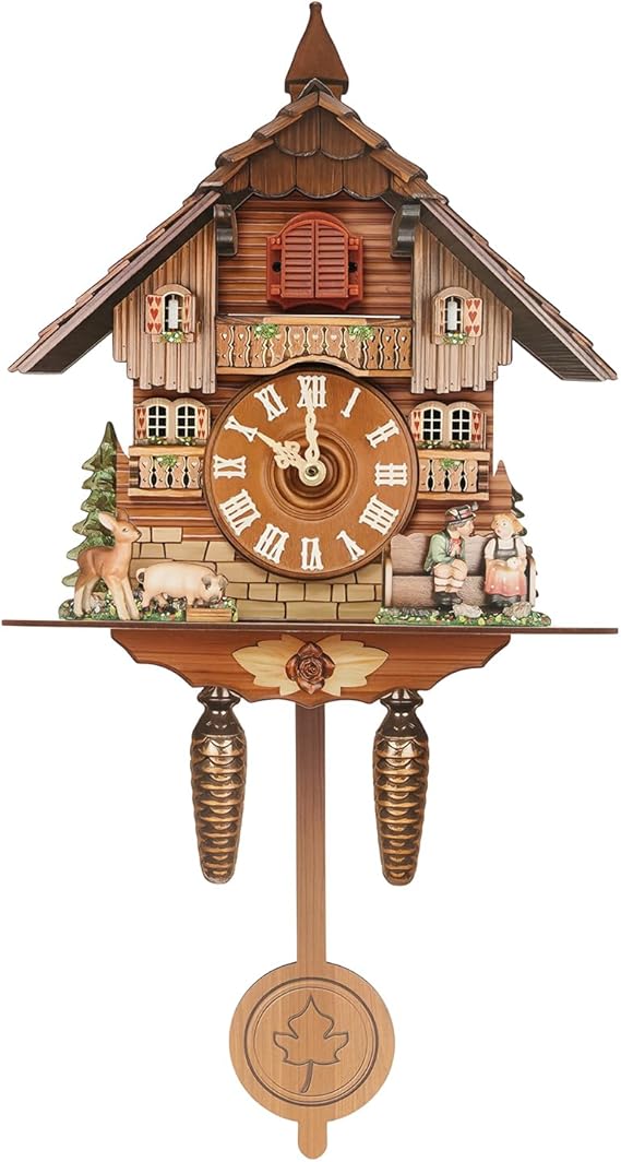 Vintage Style Cuckoo Clock, Traditional Black Forest House Clock, Antique Wooden Pendulum Quartz Wall Clock, Decorative Wall Clock with Pendulum and Chiming Function, Brown