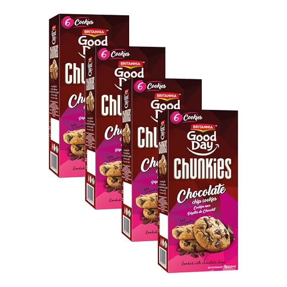 Britannia Good Day Chunky Chocolate Chip Cookies 2.64oz (75g) - Delicious Grocery Cookies - Breakfast & Tea Time Snacks (Pack of 4)