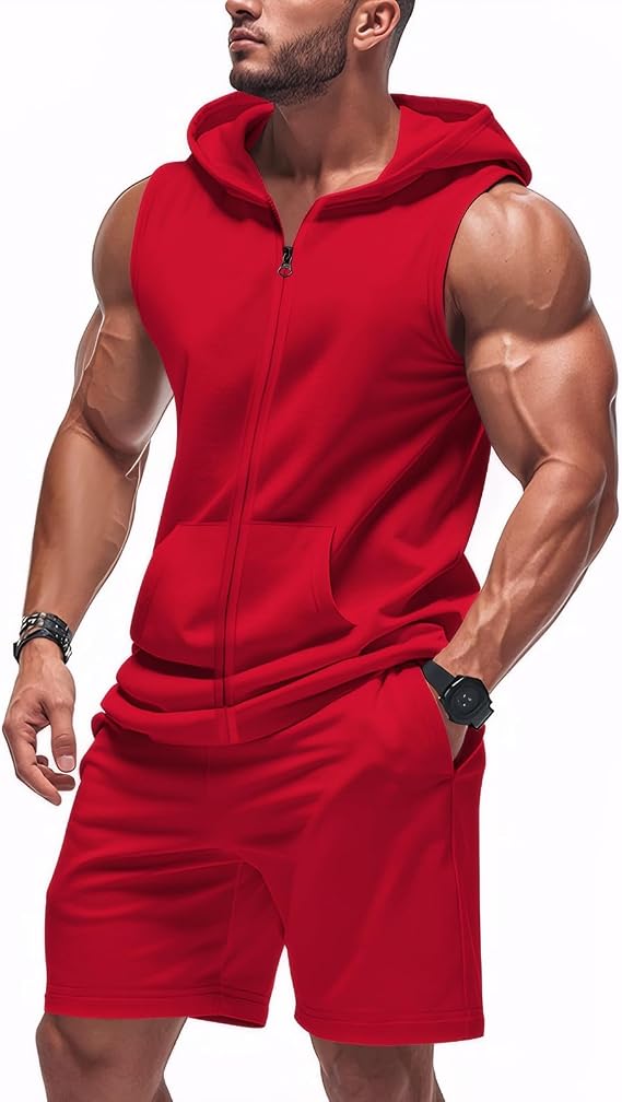 WSLCN Men's 2 Piece Sweatsuits Summer Sleeveless Hoodie and Drawstring Shorts Set