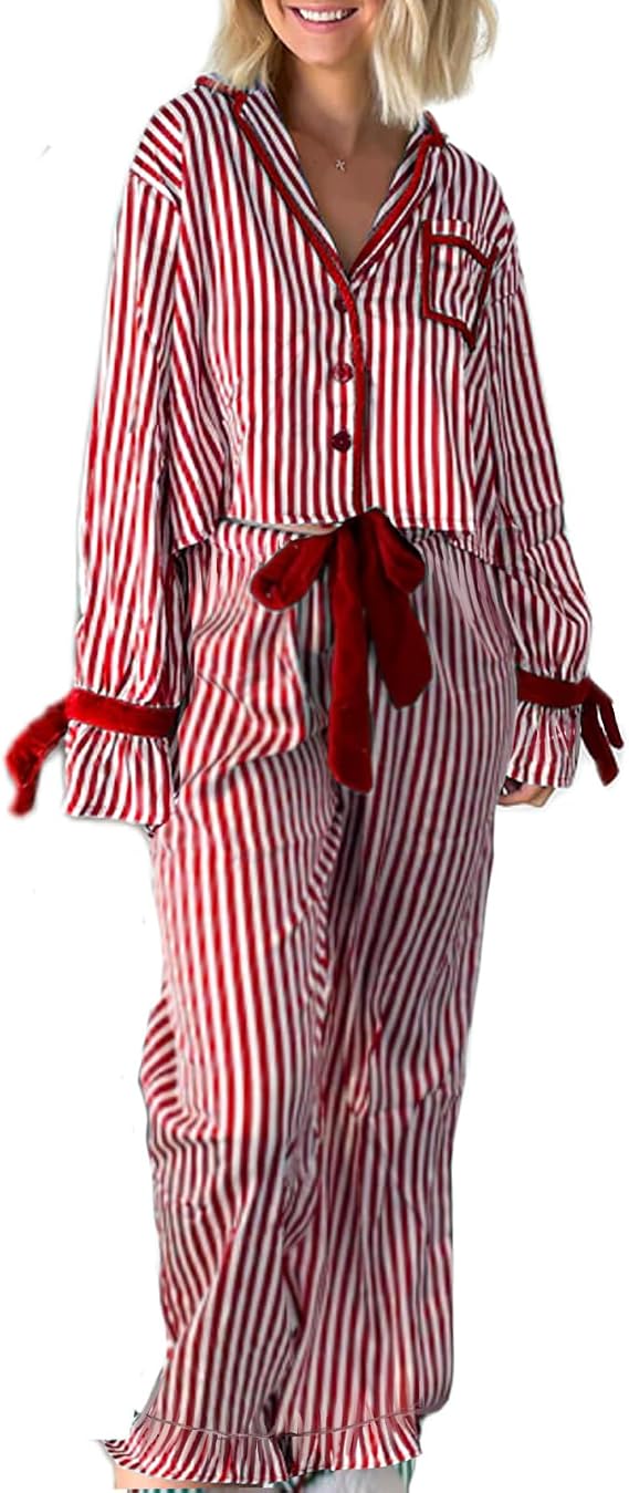 Argeousgor Women Christmas Pajamas Pants Set Bow Tie Long Sleeve Shirt Ruffle Long Pant Satin Silk 2 Piece Pjs Sleepwear