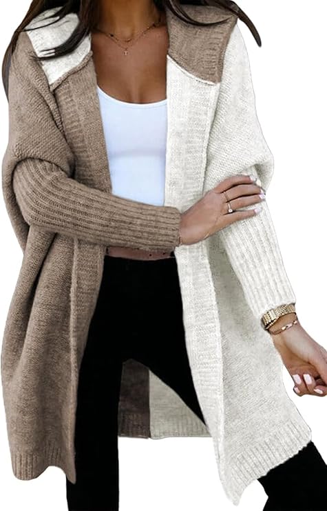 Women Oversized Cardigan Open Front Long Sleeve Hooded Knit Sweater Color Block Outwear Coat