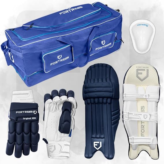 Vermont Fortress Original 100 Cricket Set Complete Cricket Kit with Batting Pads, Gloves, Abdo Guard & XL Wheelie Bag Youth to Adult Sizes