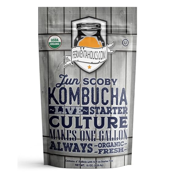 Fermentaholics Jun Kombucha Starter Culture 12 fl oz Includes USDA Certified Organic Jun SCOBY + Starter Tea For Brewing with Green Tea & Honey Makes 1 Gallon