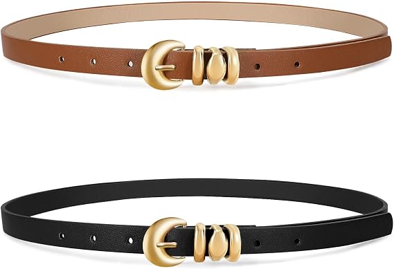 XZQTIVE 2 Pack 0.71'' Womens Skinny Leather Belts for Ladies Thin Waist Belt for Jeans Dress Pants with Fashion Gold Buckle