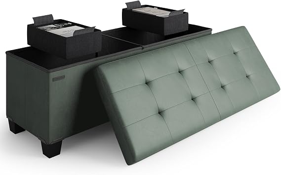 Storage Ottoman Bench with Bins, 43-in Storage Bench for Bedroom End of Bed, Folding Foot Rest Ottoman for Living Room Max 660lbs, Leather Ottomans, Green