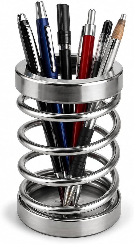 Orret Home Metal Spiral Kalemlik, Paslanmaz Çelik Yay Tasarımlı Masaüstü Kalemlik, Gümüş Ofis Kalem Tutucu, Modern Masa Düzenleyici Organizer, 12 cm