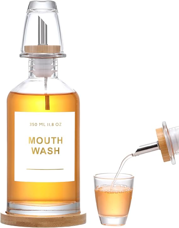 11.8OZ Glass Mouthwash Dispenser, Clear | Stainless Steel & Bamboo Nozzle, Reusable Mouthwash Cup, Bamboo Tray, Elegant Gold Sticker