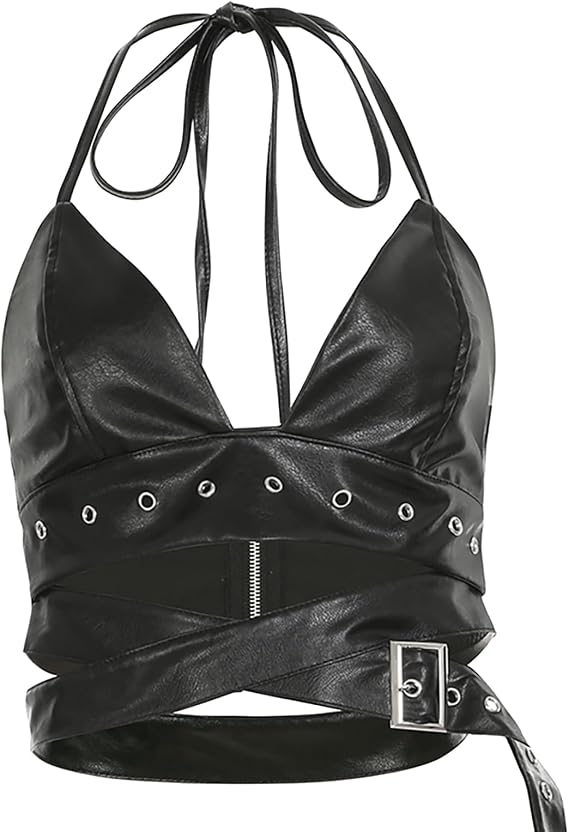 Womens PU Leather Sleeveless Crop Tops Halter Going Out Bustier Y2k Teen Girls Rave Dance Outfits Clothes