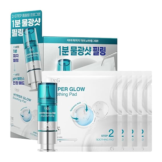 Dr. G Hyper Glow Ampoule Peeling 2-Step System, Korean Skincare | Removes Dead Skin, Instant Hydration, With Hyper Glow Ampoule Peeling Serum 30% (15 mL) & Hyper Glow Soothing Pad (4 Pack)
