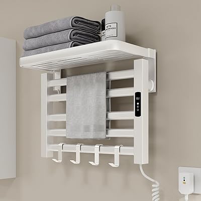 2 in 1 Towel Warmer Rack&Towel Rack Wall, 5 Bars Wall Mounted Electric Towel Warmers for Bathroom, Heated Drying Racks with Temperature&Timing Control, Foldable Bracket, Digital Display, Plug-in-White