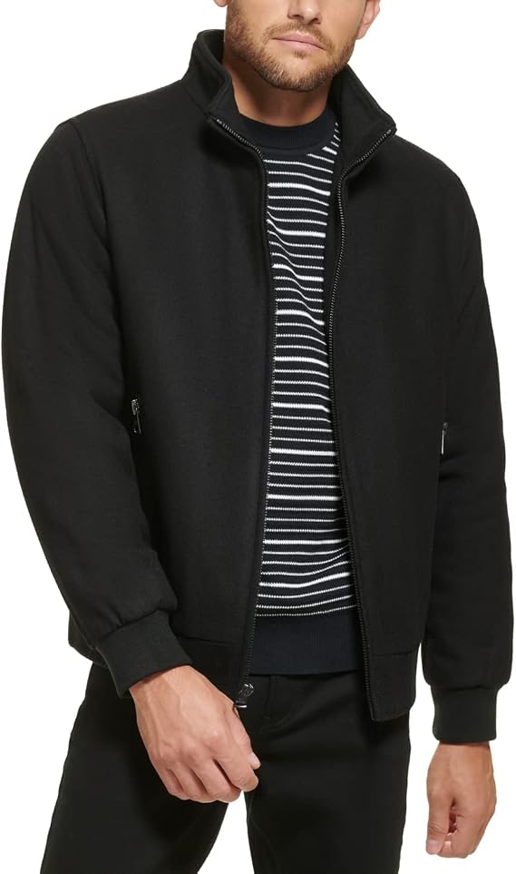 Men's Wool Bomber Jacket With Knit Trim Black Size XX-Large 