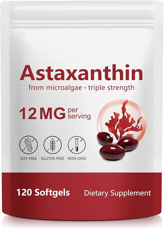 Astaxanthin 12mg,120 Softgels (4-Month Supply), Sourced from Fresh Haematococcus Pluvialis Microalgae, Supports Eye, Joint & Skin Health, Non-GMO, Gluten-Free, Dairy-Free