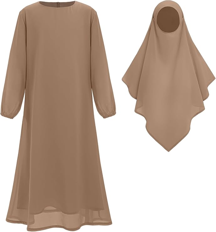 IKADEX Muslim Dress for Girls Islamic Prayer Abaya Long Sleeve Solid Color Chiffon Kaftan Robe Dresses with Hijab and Pocket