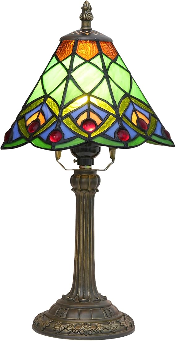 Green Small Tiffany Lamp Stained Glass Table lamp Peacock Tail Bedroom Bedside Light for Living Room Dormitory Bar Retro Style Unique Cute funky Accent Decor Cottage 8" Village gift Nightstand Lamp