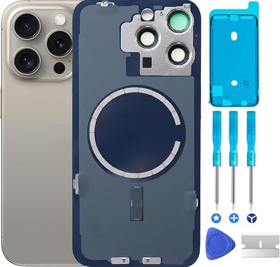 Back Glass Cover Battery Door Replacement & Waterproof Tape, Pre-Installed Camera Frame for iPhone 15 Pro All Carriers Repair 15 Pro Tool (Natural Titanium)