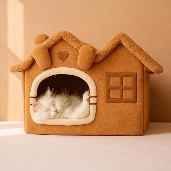 Oumo Villa Kedi Evi Peluş Kapalı Kedi Yatağı Minderli Katlanır (Camel)