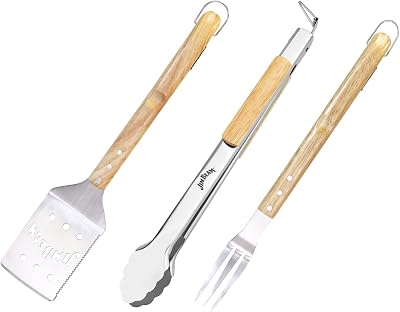 Jim Beam 3-Piece Grilling Barbecue Tool Set with Wooden Handles Includes - Spatula, Fork and Tongs for Outdoor Cooking