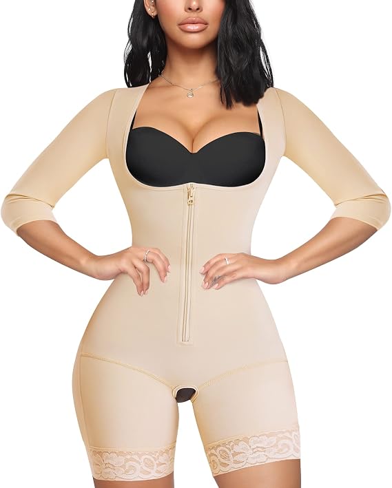 MERYOSZ Full Body Waist Trainer for Women Zipper Tummy Control Bodysuit Upper Arm Shaper Open Bust Slimmer Corset Shapewear (Beige, S)