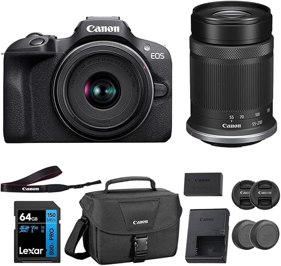 Canon EOS R100 Mirrorless Camera with RF-S18-45mm F4.5-6.3 IS STM Lens & RF-S55-210mm F5-7.1 IS STM, 24.1 Megapixel (APS-C Sensor) | Black Bundled with 64GB Memory Card & Camera Shoulder Bag (3 Items)
