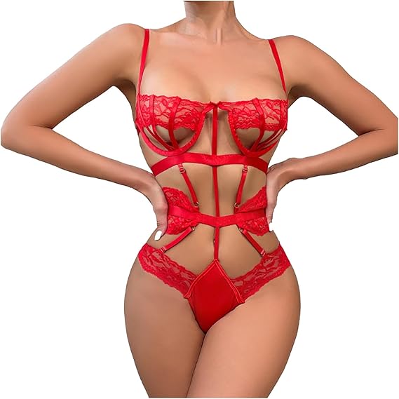 Heart Lingerie Lingerie Sets for Women Sexy Lace Bra and Panty Set Lace Bra with Thong 3 Piece Lingerie Babydoll (a-Red, 2XL)