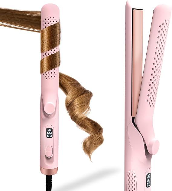 2 in 1 Hair Straightener and Curler, 360 Cool Airflow Styler Curling Iron Flat Iron, 1.25 Inch Curling Wand for Long Short Hair, 5 Adjust Temps, Dual Voltage for Travel, Birthday Gifts for Women